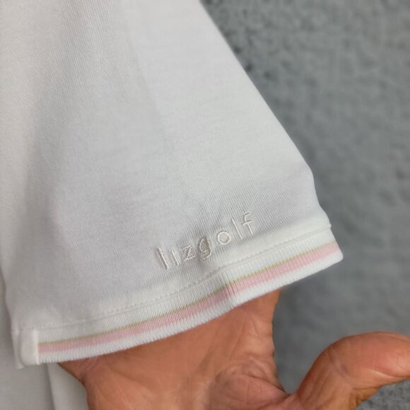 Liz Golf Polo Shirt Womens L Cream Pink Trim Silver Logo Buttons Embroidered - Picture 4 of 13